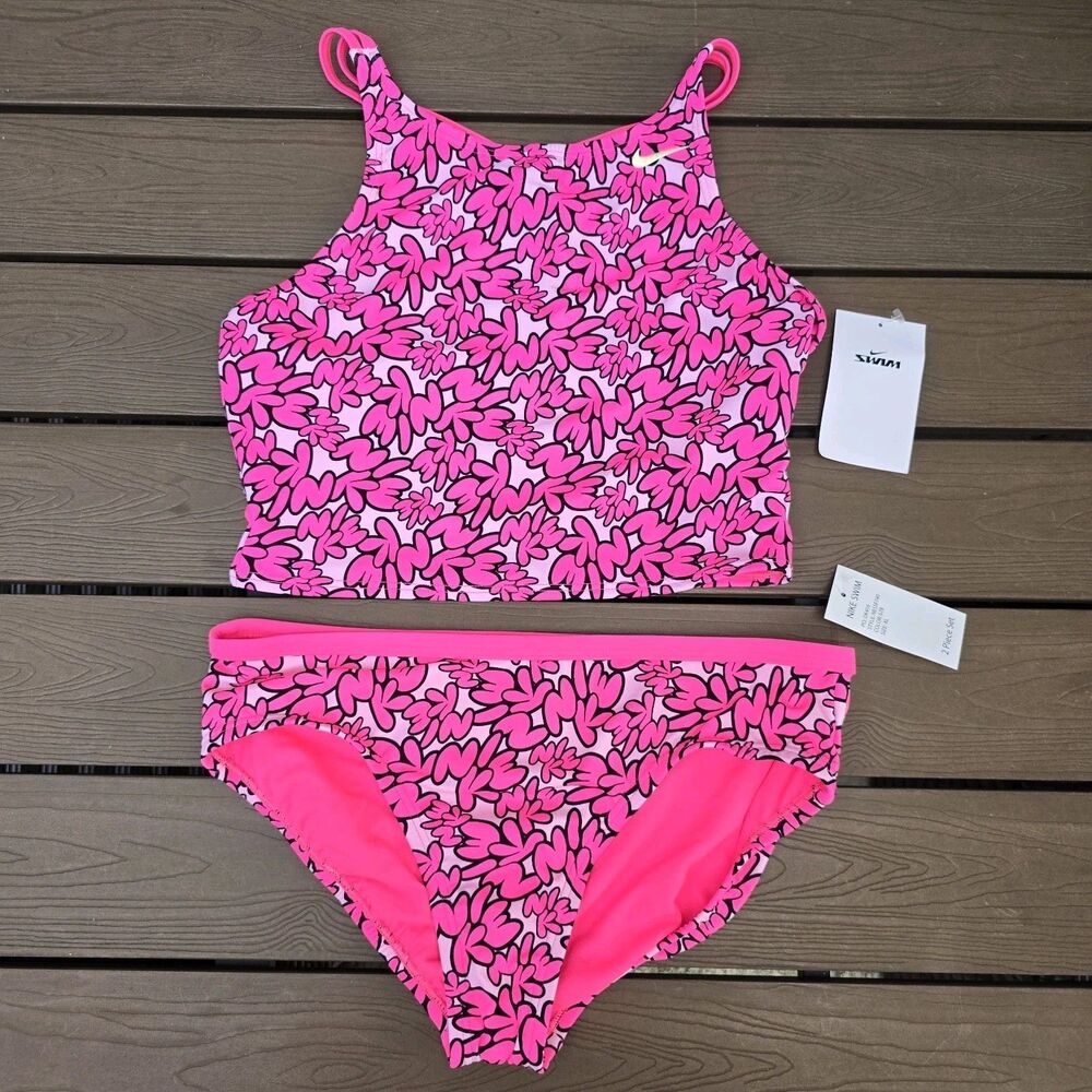 Nike Girl's Pink Spider-Back Midkini Two-Piece Swimwear Set Size XL New